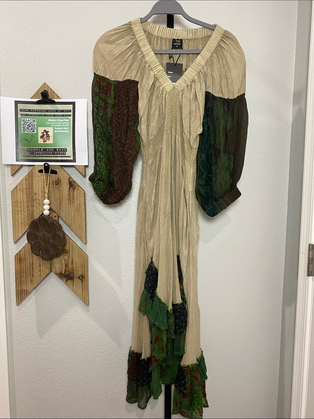 Young Threads Boho Patchwork Dress in Cream and Green sz S - Picture 2 of 9